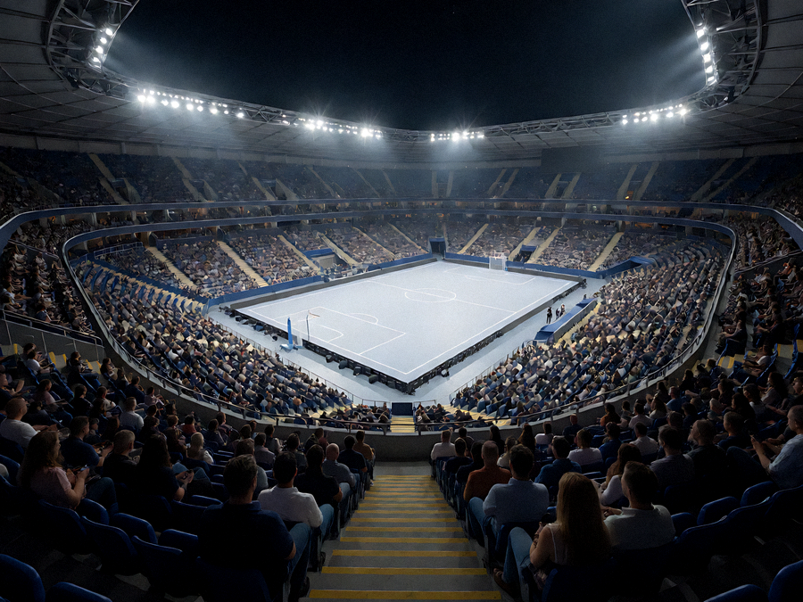 体育赛事现场全景，观众席与球场灯光共同营造比赛氛围